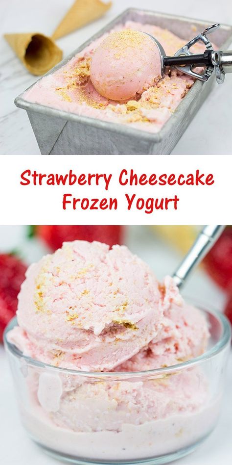 Strawberry Cheesecake Frozen Yogurt | Healthy frozen treat for summer! Homemade Frozen Yogurt, Strawberry Frozen Yogurt, Frozen Yogurt Recipes, Ice Cream Maker Recipes, Yogurt Ice Cream, Healthy Yogurt, Homemade Ice Cream Recipes, Frozen Yoghurt, Ice Cream Popsicles