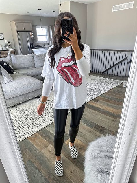 Leggings Band Tee Outfit, Winter Oversized Tshirt Outfit, Leather Leggings Graphic Tee Outfit, Cozy Concert Outfit, Modest Graphic Tee Outfit, Comfy Legging Outfits Spring, Edgy Airport Outfit, Casual Spring Transition Outfits, Oversized Tshirt Legging Outfit