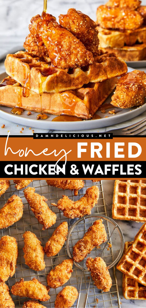 Looking for more back-to-school food? Here's an easy school breakfast idea! Drizzled in a warm honey glaze, these fried chicken and waffles are everything you want and more. Pin this for later! Chicken And Waffles Recipe Easy, Chicken Waffles Recipe, Honey Fried Chicken, Chicken N Waffles, Easy Waffle Recipe, Buttermilk Waffles, Chicken Waffles, Fried Chicken And Waffles, Waffle Maker Recipes