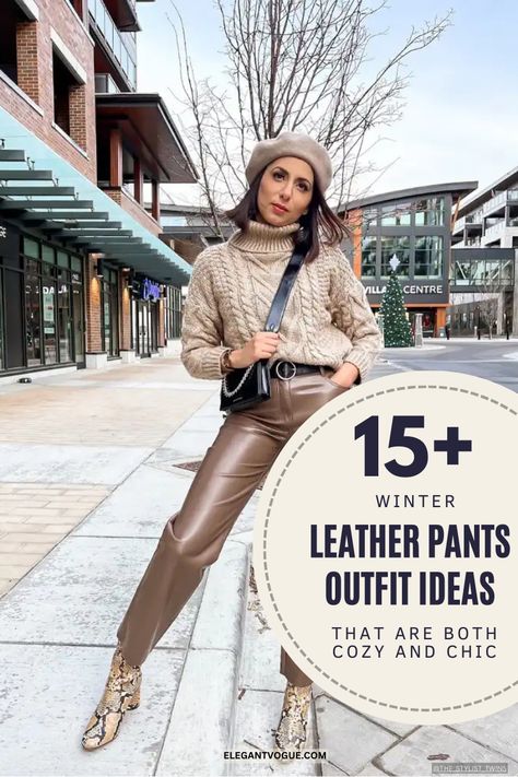 Winter Leather Pants Outfit Ideas Olive Green Leather Pants Outfit Winter, Outfit Ideas For Leather Pants, Sweater And Leather Pants Outfit, Ways To Style Leather Pants, Outfits With Red Leather Pants, Leather Pants Outfit Work Winter, Chocolate Brown Leather Pants Outfit, Leather Pants Outfits Women, Khaki Leather Pants Outfit