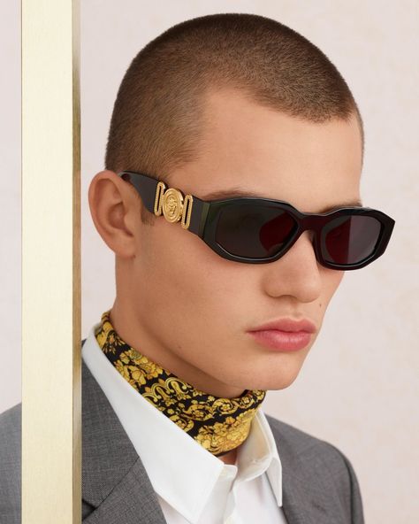 VERSACE MENS EYEWEAR featuring JANUSZ KUHLMANN Versace Shades, Versace Eyewear, Versace Glasses, Dope Jewelry, Versace Sunglasses, Mens Eyewear, High Society, Streetwear Men Outfits, Eyewear Design