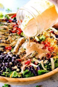 Cilantro Lime Chicken Taco Salad #ChickenSalad #Southwest #Recipe #Cooking #Tiesdotcom Cilantro Lime Chicken Taco Salad, Cilantro Lime Chicken Tacos, Catalina Dressing, Lime Chicken Tacos, Salad Kale, Chicken Taco Salad, Carlsbad Cravings, Chicken Taco, Salad Pasta