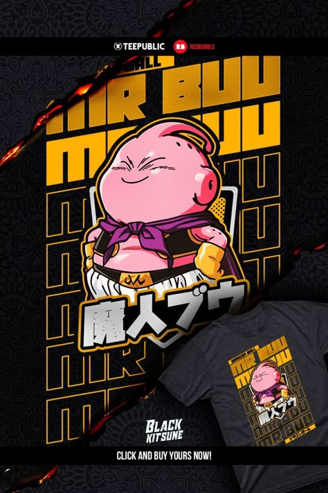 Majin Buu Art, Tee Design Ideas, T Shirt Design Ideas Art, Dragon Ball Chibi, Anime Shirt Design, T Shirt Print Design Graphics, Hoodie Design Ideas Inspiration, Dragon Ball Z Characters, T Shirt Design Inspiration