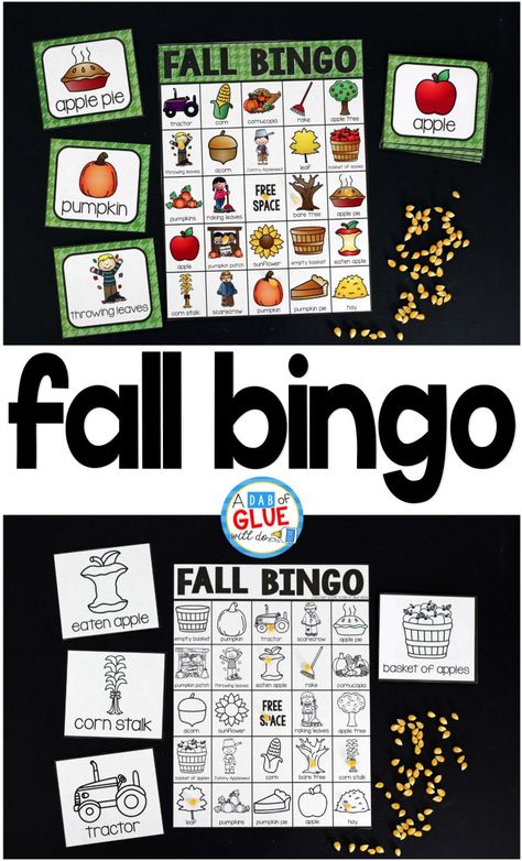 Play Bingo with your elementary age students for a fun fall themed game! Perfect for large groups in your classroom or small review groups. Add this to your fall party with 30 unique fall Bingo boards or end of year celebration with your students! Teaching cards are also included in this fun game for young children! Black and white options available to save your color ink. Fall Bingo, Fall Centers, Fall Harvest Party, Fall Games, Fall Kindergarten, Back To School Night, Harvest Party, Fall Fest, Autumn Activities For Kids