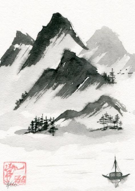 Chinese Landscape Art, Mountain Hideaway, Gunung Fuji, Japanese Ink Painting, China Ink, Sumi E Painting, Chinese Landscape Painting, Landscape Sketch, Chinese Brush Painting