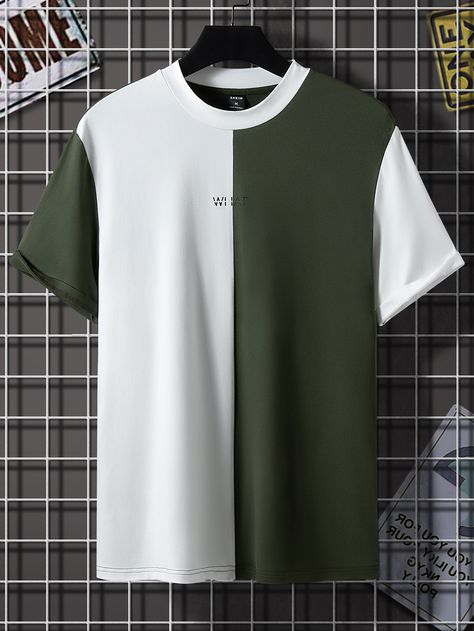 Multicolor Casual Collar Short Sleeve Fabric Colorblock,Letter  Embellished Slight Stretch  Men Tops Cool Shirt Designs, Trendy Shirt Designs, Tshirt Design Men, Tops Graphic, Men's Outfits, Men Stylish Dress, Guys Clothing Styles, Clothes Summer, Cool Outfits For Men