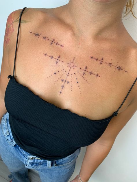 Fine Line Tattoo Torso, Line Work Chest Tattoo, Collar Bone Chest Tattoo Female, Woman Chest Tattoo Ideas, Constellation Chest Tattoo, Chest Bone Tattoo, Fine Line Chest Tattoo Female, Between Chest Tattoo, Small Upper Chest Tattoos For Women