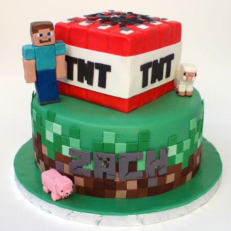 https://flic.kr/p/otiMZD | Minecraft cake | The tiles are modeling chocolate. The animals and the guy are gumpaste. Pastel Minecraft, Minecraft Birthday Cake, Minecraft Birthday Party, Minecraft Cake, Modeling Chocolate, Minecraft Birthday, Minecraft Party, Childrens Birthday Cakes, Cake Images