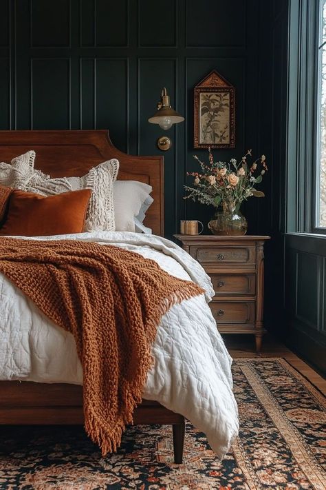 Dark Boho Minimalist Bedroom, Moody Main Bedroom, Calm Moody Bedroom, Moody Rental Bedroom, Cozy Art Deco Bedroom, Bright And Moody Bedroom, Boho Vintage Bedroom Aesthetic, Earthy Dark Academia Bedroom, Dark Terracotta Bedroom