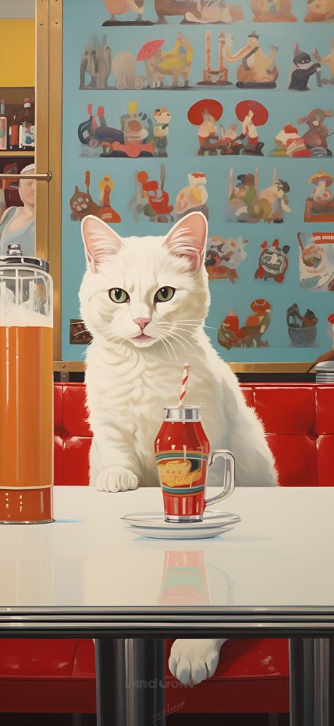 Illustration of a retro 50s white cat sitting at a diner, great for an aesthetic phone wallpaper. 50s Wallpaper, Diner Aesthetic, 50s Aesthetic, Ancient Library, Unique Wallpapers, Romantic Drawing, 50s Diner, Aesthetic Wallpaper Iphone, Wallpaper Android