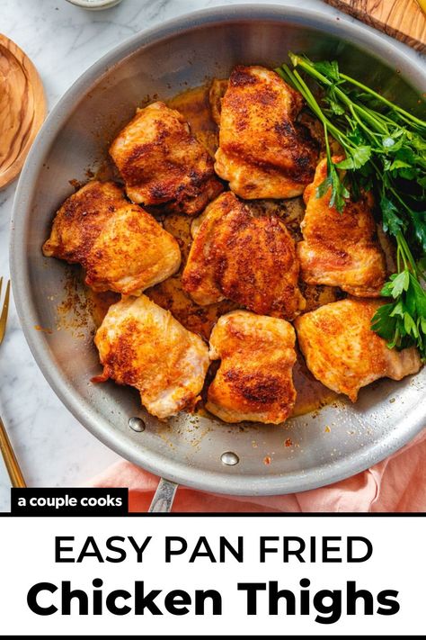 Dinner is served with these juicy, golden pan-fried chicken thighs! This easy, flavorful dish comes together in just 20 minutes. The key? High heat and our secret spice blend. #chicken #chickenthighs #panfriedchickenthighs #panfriedchicken #easychicken #chickendinner #easychickendinner #easychickenthighs #dinnerideas #fastdinner #fastrecipe #easydinner #easydinneridea #easydinnerideas Easy Pan Fried Chicken, Fried Chicken Thigh Recipes, Pan Fried Chicken Thighs, Fried Chicken Thighs, Chicken Diet, Winter Salad Recipes, Chicken Thighs Recipes, Side Dishes For Chicken, Top Chicken Recipes