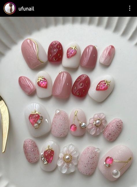 Japanese Valentines Nails, Nail Art 2024 Trends, 3d Nails Acrylic, Strawberry Nails Designs, Strawberry Shortcake Nails, 3d Gel Nail Art, Uñas Coquette, Quilted Nails, Strawberry Makeup