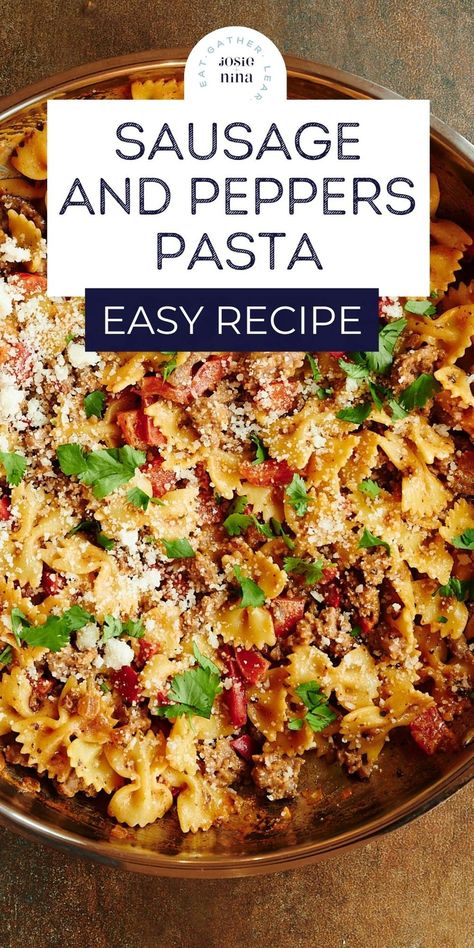 Inspired by the Italian sandwich, this creamy and easy sausage and peppers pasta recipe will become a new family favorite. Bow tie pasta is mixed with ground Italian sausage (spicy is good too!), sauteed peppers and a creamy sauce for a comfort food recipe perfect for winter. Add this to one of the best pasta recipes category! Ground Italian Sausage Pasta, Sausage And Pepper Pasta Recipes, Spaghetti With Sausage Recipes, Ground Italian Sausage And Peppers, Sweet Italian Ground Sausage Recipes, Sausage And Pepper Pasta, Italian Sausage And Peppers Pasta, Recipes With Italian Sausage Ground, Bow Tie Pasta With Sausage