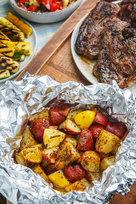 Greek Lemon Foil Roasted Potatoes Lemon Roasted Potatoes, Greek Lemon Potatoes, Steak And Potatoes, Bbq Potatoes, Closet Cooking, Greek Potatoes, Grilled Roast, Foil Packet Meals, Potatoes Recipes