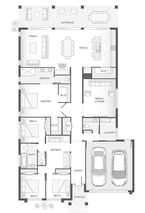 The Indigo Home Design for Modern Family | Adenbrook Homes Single Story House Floor Plans, One Floor House Plans, Single Story House, Container Home Designs, Single Storey House Plans, House Plans One Story, 4 Bedroom House Plans, Floor Plan 4 Bedroom, Home Design Floor Plans