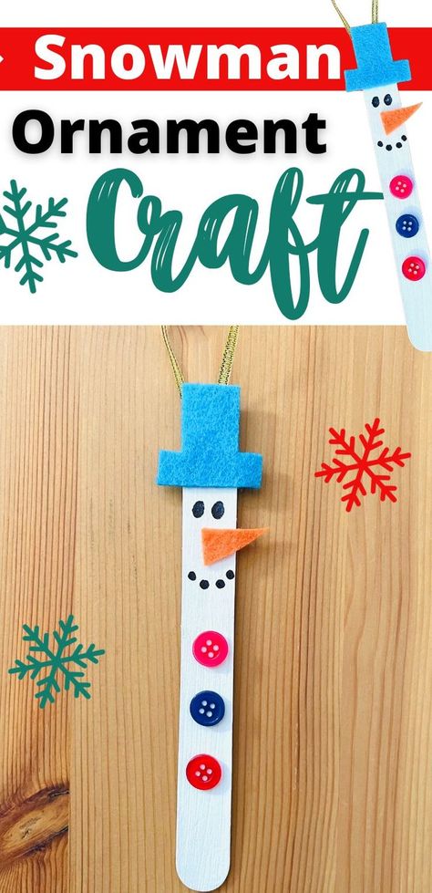 easy snowman ornament craft Holiday Activities For Preschoolers, Popsicle Stick Snowman, Snowman Ornaments Diy, Snowman Ornament Craft, Diy Tree Decorations, Christmas Sensory Play, Christmas Preschool Activities, Homemade Christmas Ornament, Ornaments For Kids To Make