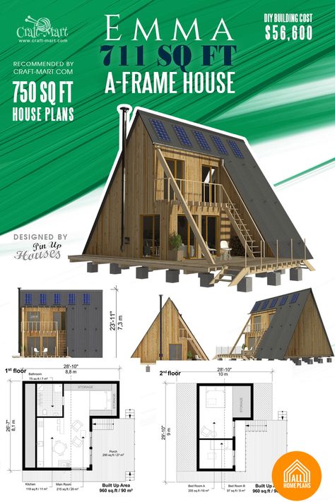 800 Sq Ft A Frame House Plans, A Frame Cabin Plans Layout, 750 Sq Ft House Plans, Frame Cabin Plans, A Frame House Interior, House Plans Unique, Frame House Plans, Home Types, Mountain Ideas