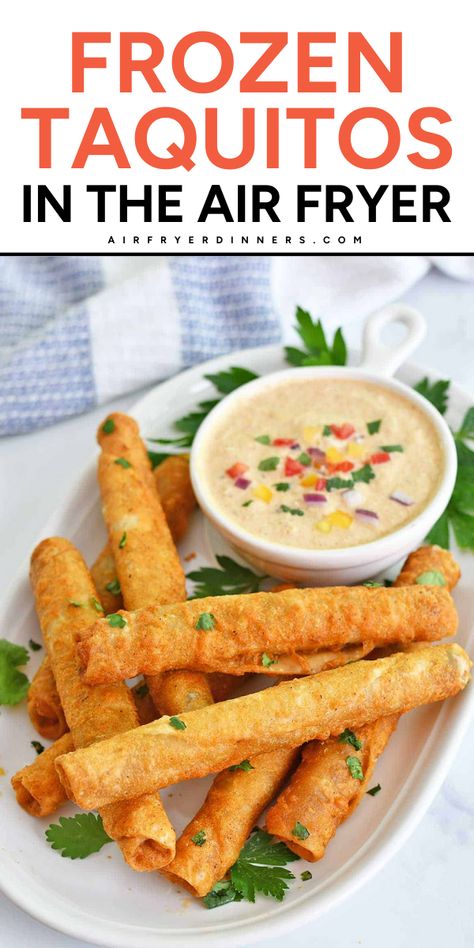 Follow our guide on how to air fry frozen taquitos for a quick and easy snack or appetizer! Air fryer frozen taquitos are ready in under 10 minutes! Frozen Taquitos In Air Fryer, Air Fryer Frozen Taquitos, Taquitos Air Fryer, Frozen Taquitos, Air Fryer Snack Recipes, Air Fryer Taquitos, Air Fryer Appetizer Recipes, Ideas For Party Food, Air Fryer Appetizers