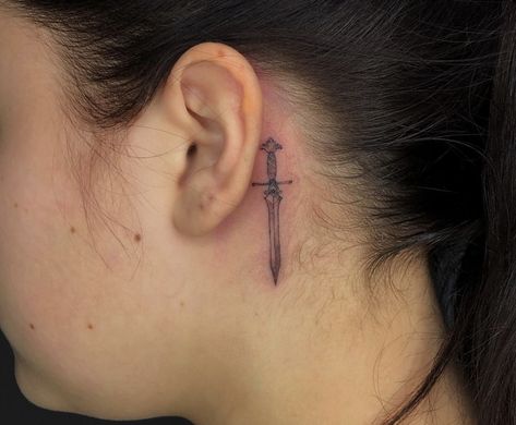 Knife Behind Ear Tattoo, Dagger Tattoo Behind Ear, Behind Ear Tats, Lightsaber Tattoo, Tattoos 2023, Enough Tattoo, Blade Tattoo, G Tattoo, Throat Tattoo