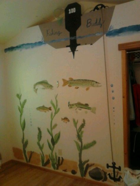 Fishing Toddler Room, Kids Fishing Themed Room, Baby Room Fishing Theme, Boy Nursery Fishing Theme, Fishing Mural, Fishing Wall Mural, Fishing Nursery Theme, Fishing Bedroom, Boys Room Mural