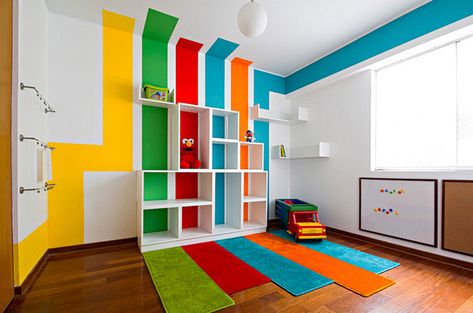 Playroom Paint, Colorful Playroom, Kids Playroom Decor, Playroom Rug, Striped Walls, Playroom Design, Attic Renovation, Attic Remodel, Wall Paint Designs