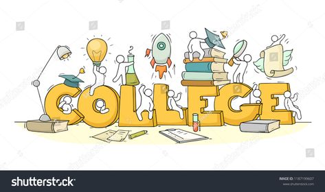 Sketch of little people with word College. Doodle cute miniature scene about education. Hand drawn cartoon vector illustration. #Ad , #AD, #Doodle#cute#miniature#College Doodle Cute, Cute Miniature, Wall Drawing, 3d Background, Print Designs Inspiration, Typography Fonts, Miniature Art, Icon Illustration, Little People