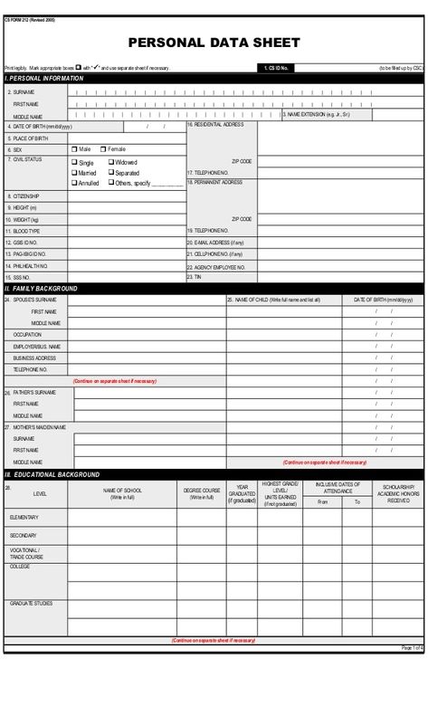 Personal data sheet (pds) 2005 revised Personal Data Sheet Form, Personal Data Sheet, Wedding Seating Chart Vintage, Simple Application Letter, Free Printable Favor Tags, Office Supplies Checklist, Health Background, Biodata Format Download, Proposal Format