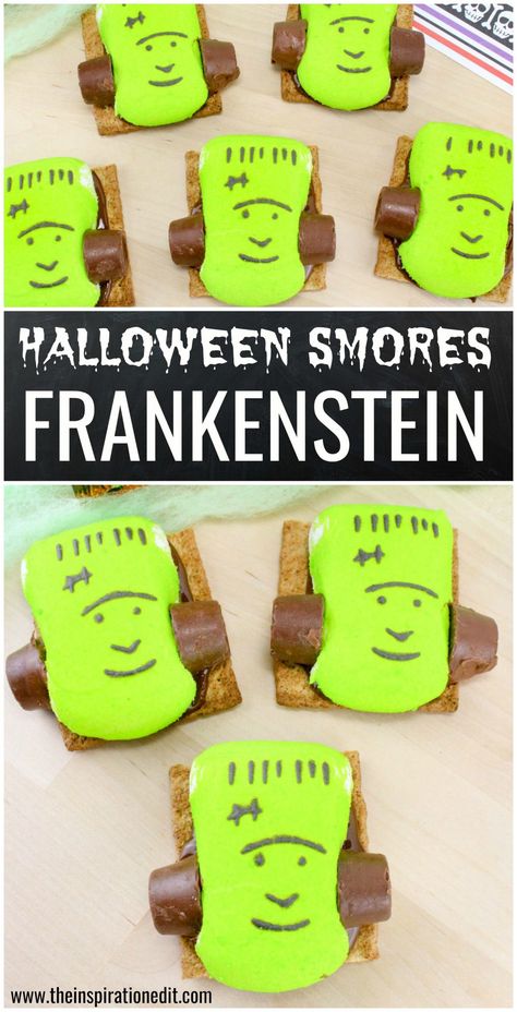 frankenstein smores a halloween party food idea Frankenstein Smores, Smores Halloween, Bake Halloween Treats, No Bake Halloween Treats, Halloween Smores, Smores Snacks, Smores Treats, Bake Halloween, Halloween Eats