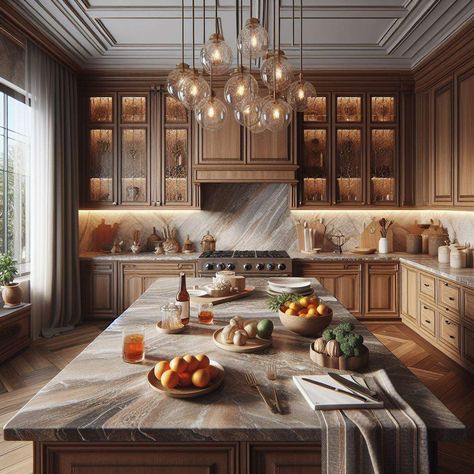 Elegant Quartz Countertops with Wood Cabinets Quartz Countertops With Wood Cabinets, Countertops With Wood Cabinets, Cherry Wood Cabinets, Granite Countertops Colors, Neutral Backsplash, Granite Quartz Countertops, Natural Cherry Wood, Two Tone Cabinets, Composite Sink