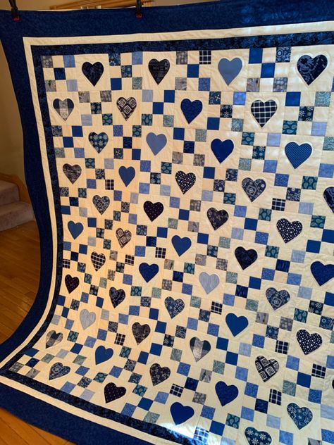 Blue And White Scrap Quilts, Mens Quilts, Valentines Quilt, Valentine Quilts, Heart Quilts, Girl Quilts, Irish Chain Quilt, 9 Patch Quilt, Heart Quilt Pattern