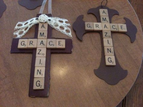 Amazing Grace craft Blessed Christian Stay at Home Moms (FB) Rustic Room Ideas, Wooden Cross Crafts, Scrabble Tile Crafts, Scrabble Crafts, April Crafts, Vbs 2023, Scrabble Art, Repurposed Art, Childrens Artwork