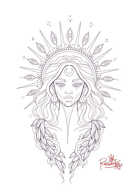 Filipino Goddess Tattoo, Goddess Fine Line Tattoo, Greek Goddess Back Tattoo, Achelois Goddess Tattoo, Sun And Moon Goddess Tattoo, Aztec Queen Tattoo, Stomach Tattoo Women, Lilith Drawing, High Priestess Tattoo