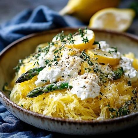 Chef gordon Ramsay recipes | Spaghetti Squash with Asparagus, Ricotta, Lemon, and Thyme | Facebook Asparagus Ricotta, Pasta With Lemon, Garden Pasta, Gordon Ramsay Recipe, How To Make Spaghetti, Chef Gordon, Chef Gordon Ramsay, Lemon Ricotta, Fresh Asparagus