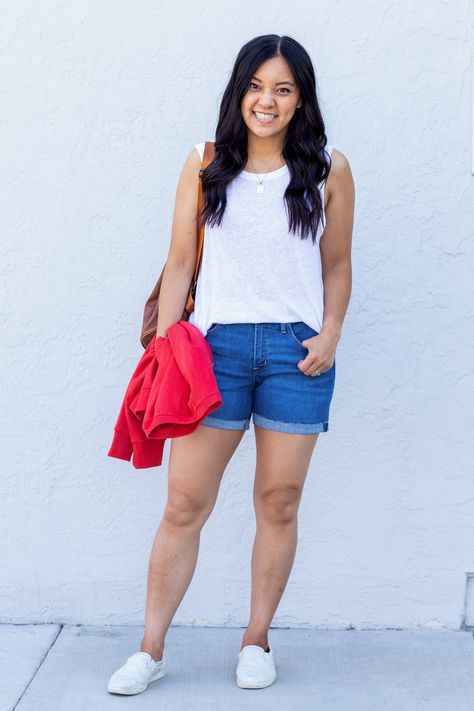 Casual Summer Outfit for Cooler Evenings Fourth of July: red sweatshirt + white tank + denim blue cuffed shorts + white slip on sneakers + tan leather backpack Summer Starter, White Slip On Sneakers, Outfit Combos, Short Tank Top, Red Sweatshirt, Summer Outfit Ideas, Outfit Formulas, Lightweight Pants, Soft Pants