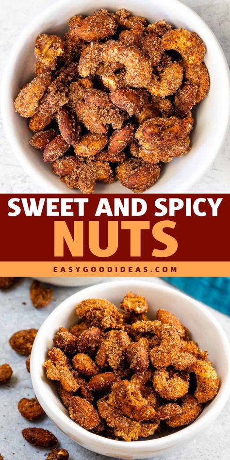 Looking for a crowd-pleasing snack? These Sweet and Spicy Nuts are a mix of cashews, almonds, and walnuts tossed in a blend of sugar, salt, smoked paprika, and cinnamon, making them a delicious holiday party snack that combines sweetness with a touch of heat! Sweet Spicy Nuts Holidays, Savory Nuts Recipe Snacks, Spicy Nuts And Bolts Recipe Best, Spicy Mixed Nuts Recipe, Savoury Nuts Recipe, Salted Nuts Recipe, Sweet And Spicy Walnuts Recipe, Spicy Nuts Recipe Holidays, Sweet And Savory Nuts Recipe