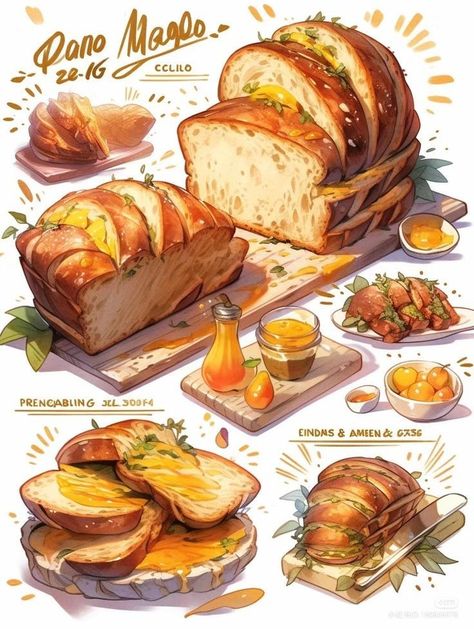 Bread Reference Drawing, Foodie Art Drawing, Fantasy Food Concept Art, Fantasy Food Art, Food Concept Art, Food Art Aesthetic, Aesthetic Food Art, Draw Food, Drawn Food