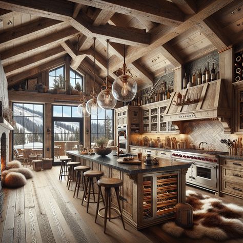 Immerse yourself in a rustic cabin kitchen with high wooden beams, a fireplace, reclaimed cabinets, and sleek granite countertops. Enjoy the elegance of vintage brass fittings, a copper sink, and a breakfast bar island. #CabinLife #RusticKitchen #GraniteCountertops #CopperSink #VintageKitchen #ReclaimedWood Ski Cabin Kitchen, Reclaimed Cabinets, Ski Chalet Kitchen, Luxury Ski Chalet Interiors, Lodge Style House Plans, Breakfast Bar Island, Ski Chalet Interior, Rustic Cabin Kitchen, Chalet Kitchen