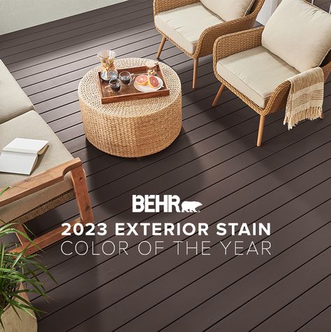 Dark Brown Deck Paint, Behr Deck Paint, Wood Deck Colors, Exterior Stain Colors, Deck Paint Colors, Behr Exterior Paint, Fence Paint Colours, Deck Stain Colors, Solid Stain Colors