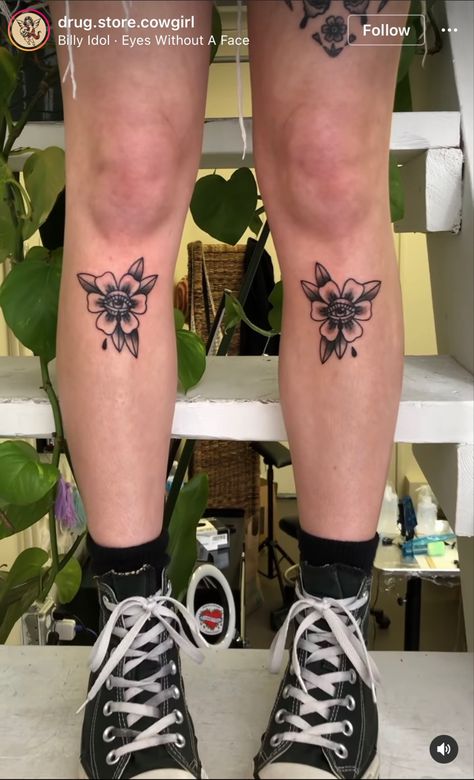 Under Knee Tattoos Women Traditional, Matching Calf Tattoos For Women, Fine Line Calf Tattoo, Front Of Calf Tattoo, Simple Shin Tattoo, Traditional Style Tattoos For Women, Small Shin Tattoo, Matching Shin Tattoos, Traditional Style Flower Tattoo