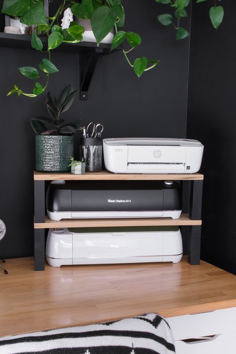 Looking for an easy DIY printer stand idea? I'm sharing what I made to maximize vertical space on a desktop, plus storage for my Cricut machines! Diy Printer Stand, Cricut Storage, Printer Storage, Storage Hacks Diy, Koti Diy, Dream Craft Room, Craft Room Design, Printer Stand, Office Crafts