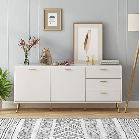 White Credenza Office, Sideboard In Office, Sideboard Under Window, Coffee Sideboard, Kitchen Standing Cabinet, White Sideboard Buffet, Modern Wood Kitchen, Sideboard White, Bedroom Storage Cabinets