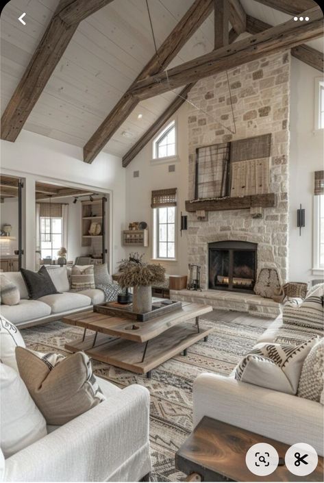 Barndominium Ideas Interiors Living Room, Living Room Designs Barndominium, Modern Ranch Style Living Room, Modern Rustic Cottage Interiors, Contemporary House Interior Living Rooms, Barndominium With Stone, Barndo Living Room, Modern Ranch House Interior Design, Ranch Living Room Ideas