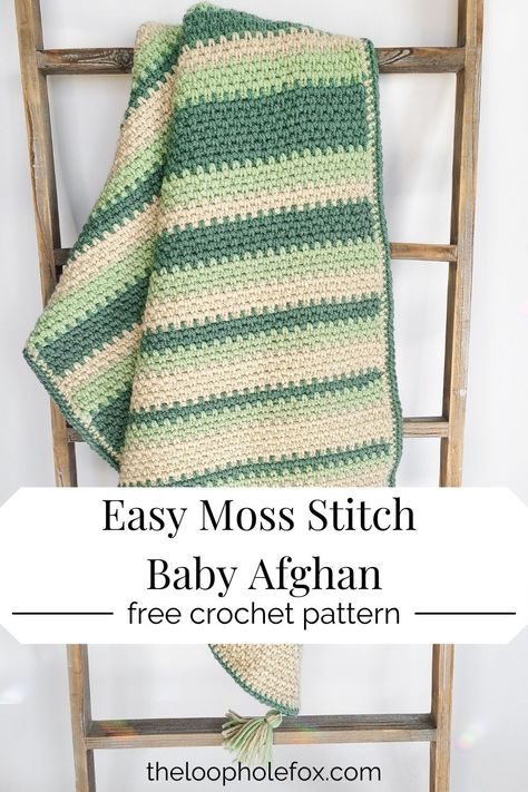 This is a free crochet baby blanket pattern for beginners and experienced crocheters alike. This pattern uses the Moss Stitch to create a beautiful baby blanket with gorgeous stripes. Beginner friendly and gorgeous. Moss Crochet Stitch, Free Crochet Baby Blanket Pattern, Free Crochet Baby Blanket, Moss Stitch Pattern, Crochet Baby Cap, Baby Afghan Patterns, Crochet Baby Blanket Pattern, Crochet Baby Blanket Free Pattern, Crochet Baby Hat Patterns