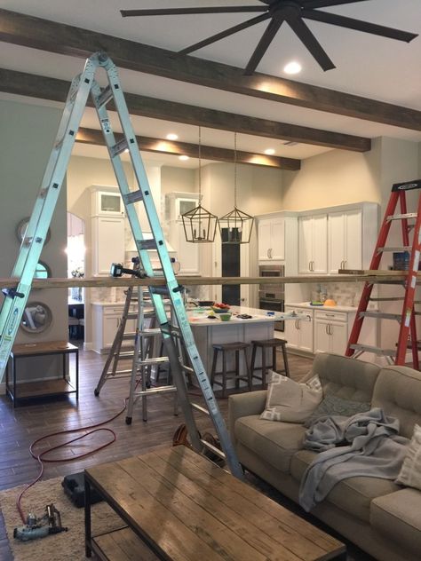 Wood Beams In Kitchen, Beam In Kitchen, Faux Ceiling Beams, Farmhouse Signs Diy, Flat Ceiling, Beams Living Room, Vaulted Ceiling Kitchen, Farmhouse Family Rooms, Open Floor Plan Kitchen