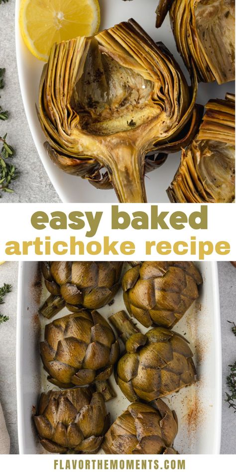 This Easy Baked Artichoke Recipe makes a delicious spring side dish or appetizer! They're have the flavors of lemon and garlic, and the post includes how prep an artichoke! #artichoke #appetizer #sidedish Thanksgiving Artichoke Recipes, Oven Roasted Artichoke Hearts, Oven Baked Artichoke, Baked Artichoke Recipes, Artichoke Roasted, Best Artichoke Recipe, Goat Cheese Toast, Crisp Potatoes, Mushroom Goat Cheese