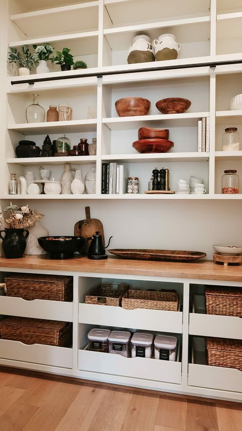 Pantry With Vacuum Storage, Storage Shelves With Baskets, Open Storage Pantry, Butlers Pantry With Open Shelving, Pantry Shelving Heights, Pantry Storage Baskets, Pantry Floating Shelf, Rustic Pantry Shelving Ideas, Open Shelves Pantry