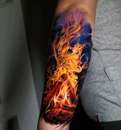 Outdoors Tattoos For Women Sleeve, Fire Tattoos Men, Nature Tattoos For Men Forearm, Campfire Tattoo Realistic, Camp Fire Tattoo Ideas, Realistic Fire Tattoo, Fire Tattoo For Men, Camping Tattoos For Men, Campfire Tattoo