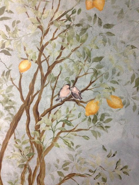 Birds in lemon tree Lemon Tree Wallpaper, Lemon Tree Mural, Lemon Tree Painting, Lemon Tree Aesthetic, Tree Wall Painting, Tree Bedroom, Vine Drawing, Paper Lavender, Tree Drawings Pencil