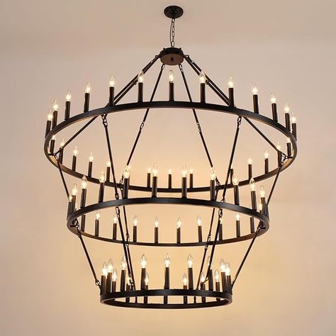 WOGON WEEL Wagon Wheel Chandelier 3 Tier 72-Light 60-inch, Farmhouse Industrial Loft Chandelier Black Rustic Candle Lighting Extra Large for High Ceilings, Living Room Foyer W 60" H 70" - Amazon.com High Ceilings Living Room, Loft Chandelier, Chandelier Farmhouse, Candle Lighting, Rustic Candle, Living Room Foyer, Farmhouse Industrial, Chandelier Black, Wheel Chandelier