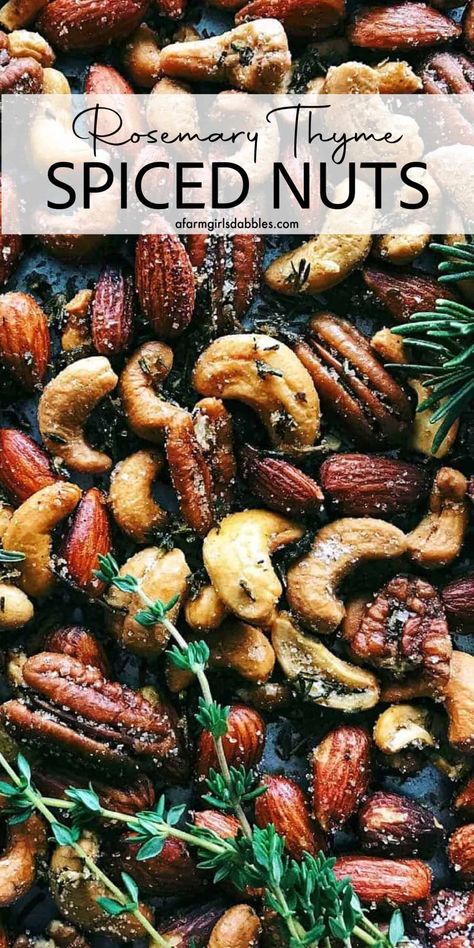 This Rosemary Thyme Spiced Nuts recipe is incredibly easy to make. The nuts are lightly spiced and beautifully fragrant with herbs, perfect for nibbling and gifting - a holiday favorite! Savory Nuts Recipe, Roasted Nuts Recipe, Spiced Nuts Recipe, Seasoned Nuts, Holiday Entertaining Food, Spicy Nuts, Christmas Appetizers Easy, Nuts Gift, Rosemary And Thyme